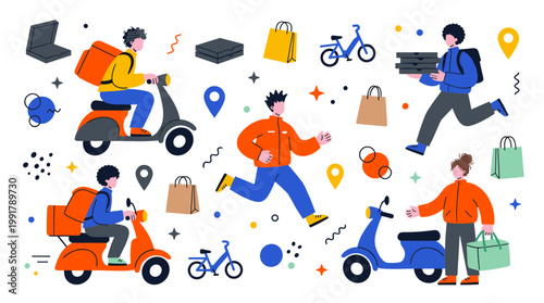 Delivery service concept with people on scooters and bicycles carrying packages and food orders, representing fast logistics and urban courier work