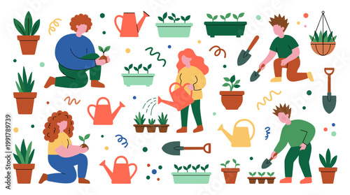 Diverse people gardening planting seedlings in pots and watering plants with watering cans in a colorful flat illustration style