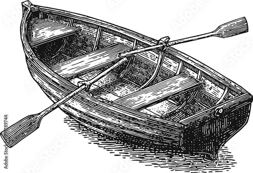Vintage wooden rowboat with oars, detailed hand drawn illustration, classic small watercraft design