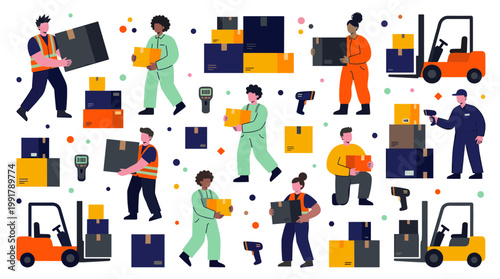 Diverse warehouse workers loading packages and operating forklifts in a busy logistics and delivery service environment
