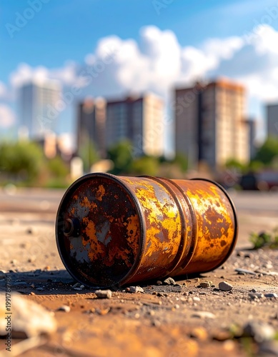 A weathered, rusty barrel rests on cracked concrete, with blurred high-rise buildings and a blue sky in the background