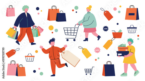 Happy shoppers with shopping bags and carts enjoying retail therapy and purchases, colorful illustration of consumerism and sale season