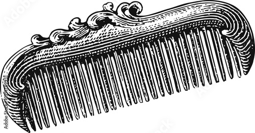 Antique ornamental hair comb illustration with detailed carved handle and fine teeth for grooming