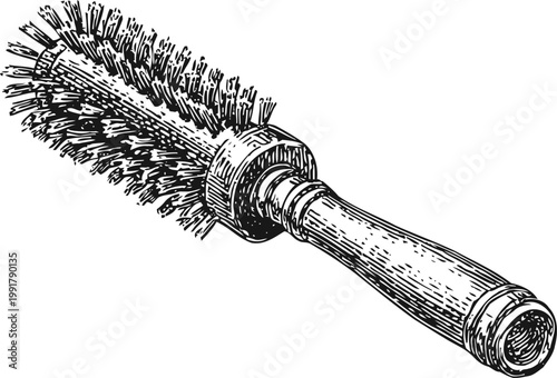 Round hairbrush with wooden handle detailed illustration, grooming tool for styling hair