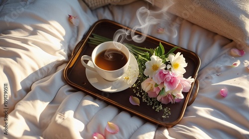 Breakfast in Bed with Coffee and Flowers for Mother’s Day