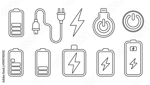 Minimal Charging & Battery Line Icon Set  Energy, Power, Recharge and Electricity Symbols