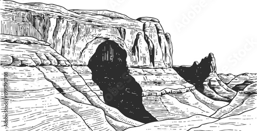 Black and white sketch of a natural rock arch in a rugged desert landscape with cliffs and canyons
