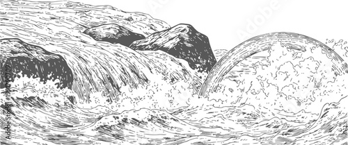 Black and white illustration of turbulent ocean waves crashing against rocks with splashes and foam