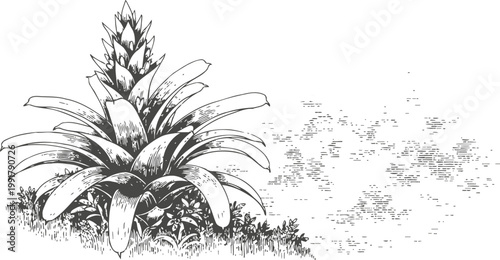 Illustration of a large bromeliad plant with broad leaves and dense foliage detail