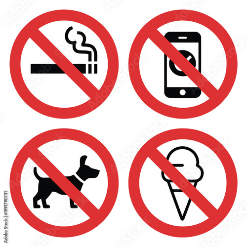 No smoking, no cell phone, no dogs, and no eating sign set, modern flat style warning icons with crossed symbols for public rules, behavior restrictions, and facility guidelines, vector illustration.