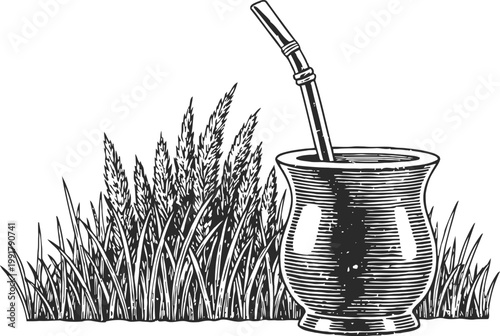 Traditional mate cup and bombilla with sugarcane and grass in vintage woodcut illustration