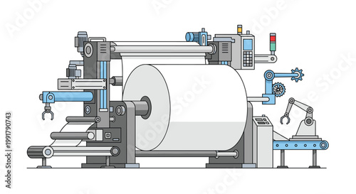 A complex and modern industrial paper manufacturing machine with a massive white roll and robotic arms is depicted in a clean technical illustration style.