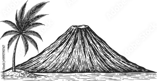 Volcano mountain with palm tree on island shore, tropical landscape nature illustration