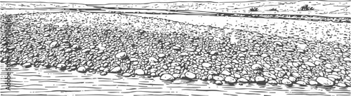 Pebble beach shoreline with small round stones and smooth water in black and white sketch