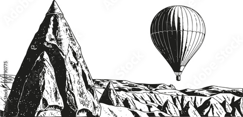 Hot air balloon flying over unique pointed rock formations in a rugged landscape