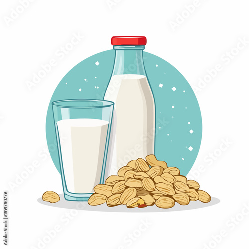 Almond milk in bottle and glass with almonds pile