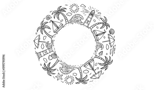 Circular beach doodle set summer ocean sketch icons palm trees sailboats lighthouse vector illustration on white