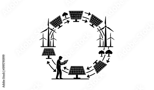 Circular renewable energy concept silhouette man inspecting solar panel with wind turbines black vector illustration on white