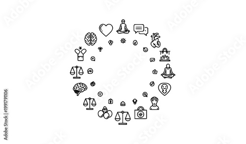 Circular mental health wellness infographic icons set mindfulness balance therapy concept black vector illustration on white