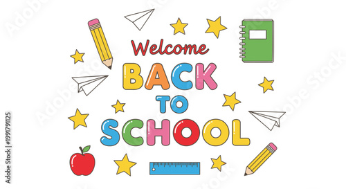 Back to school, welcome back, colorful illustration, educational icons, vector graphics