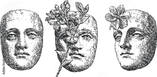 Three detailed vintage sculpted stone faces with floral growth, surreal art concept, engraved line drawing