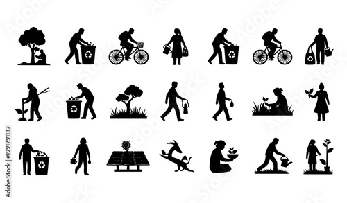 Eco friendly living silhouette set sustainable lifestyle actions black vector grid illustration on white background