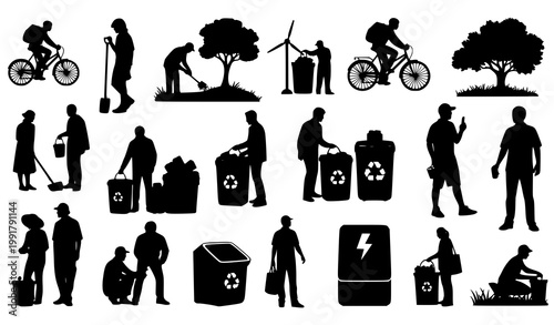 Eco friendly lifestyle silhouettes scattered sustainable living actions black environmental vector illustration on white