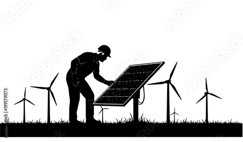 Silhouette of man inspecting solar panel with wind turbines renewable energy concept black vector illustration on white