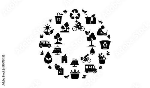 Circular eco friendly living silhouettes sustainable lifestyle infographic black vector concept on white background