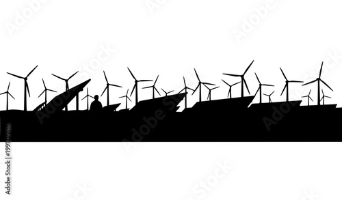 Man silhouette in solar farm with wind turbines renewable energy landscape black vector concept on white background