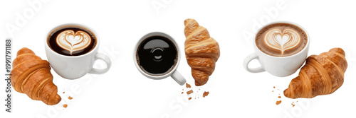 A cup of coffee with croissant isolated on white background high resolution breakfast and brunch food photography for cafe advertising and restaurant menu design and gourmet morning routine concepts