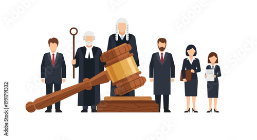 Group of legal professionals standing with a large wooden judge gavel.