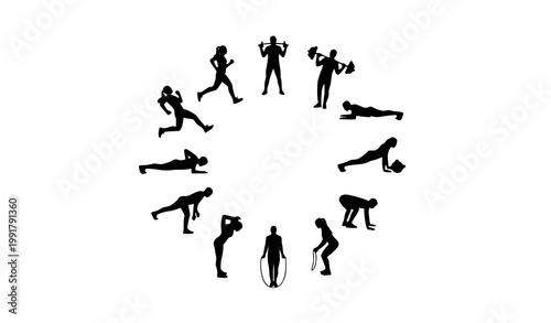 Circular fitness silhouette workout poses set black gym exercise figures infographic vector illustration on white