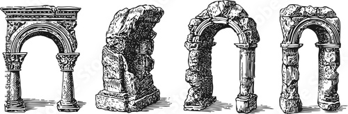 vintage hand drawn roman and ancient stone arches set, architectural ruins and classical structures