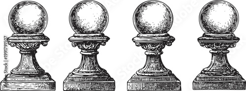 Four vintage stone balusters with spherical finials on square bases, hand drawn architectural elements