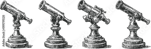 set of four vintage marine brass telescopes on adjustable stands, nautical exploration instruments