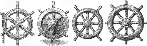 Vintage nautical ship steering wheels set maritime helm illustrations in detailed engraving classic marine navigation equipment collection