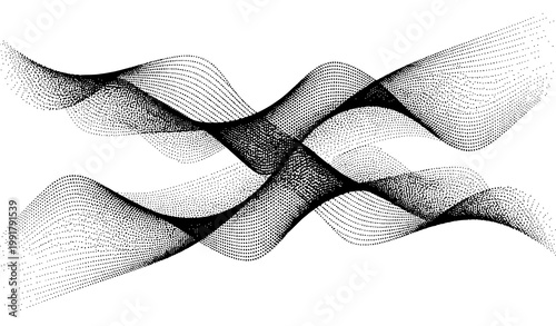 Dynamic intersecting halftone dot waves abstract 3D particle curves in black minimalist vector on white
