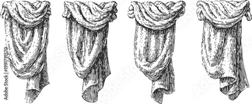 Set of vintage hand drawn classical draped curtains with ornamental folds and texture