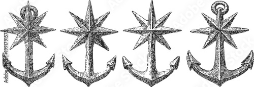 vintage nautical anchors with compass rose stars in black and white detailed engraving