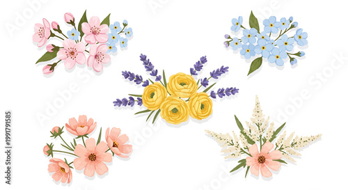 Watercolor floral bouquet set, colorful flower arrangements, decorative blooms, vector illustrations