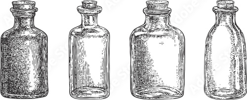Set of vintage glass bottles with cork stoppers, hand drawn illustration of old containers