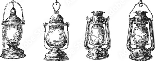 Vintage oil lanterns set classic metal lamps with glass covers and handles, rustic lighting collection