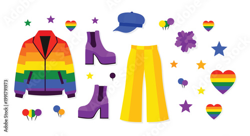 LGBTQ Pride, rainbow fashion icons, LGBTQ+ symbols, colorful clothing set, vector graphics