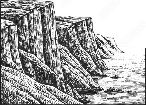 Cliffside coastline with steep rock formations and ocean waves crashing on shore