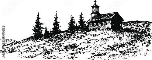 Rustic countryside church on a hill with pine trees black and white vintage rural landscape illustration