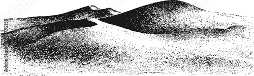 Black and white ink drawing of desert sand dunes with detailed shading and texture