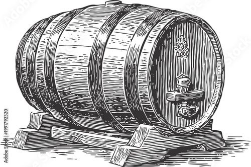 Wooden beer barrel on stand with spigot vintage engraving illustration