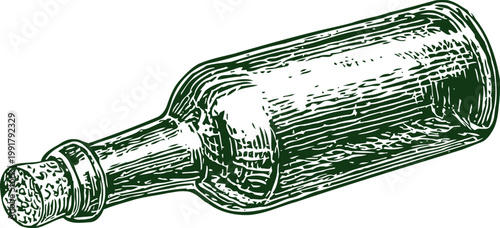 Vintage hand drawn glass bottle with cork stopper illustration in black and white engraving