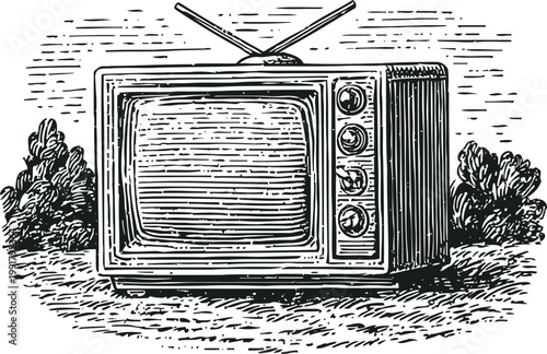 Vintage television set with antenna outdoors retro electronic device, old fashioned tv design in black and white engraving